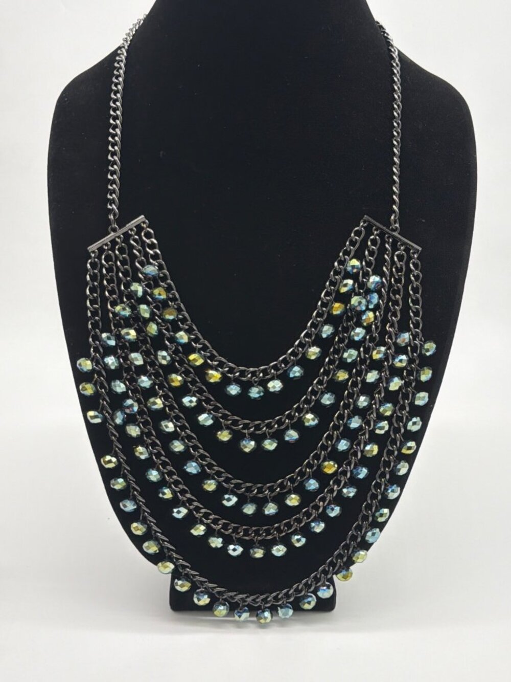Multilayer Gunmetal Chain Necklace With Iridescent Beads Adjustable 25" Length W
